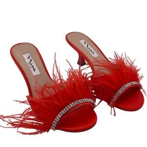 Nina Red Satin Feather Kitten Heel Mule Slide Sandals Size 6M NWOB